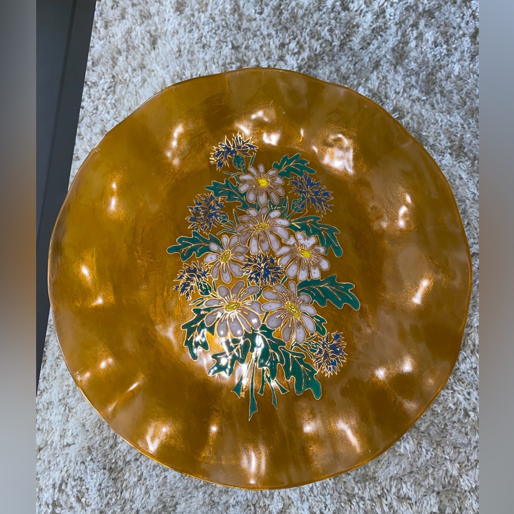 Vintage 1960’s Amber glass platter with daisies GUC